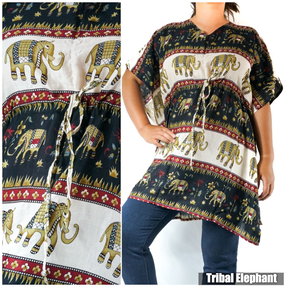 A vibrant Boho Elephant Kaftan Shirt Short Dress featuring an intricate elephant print, made from breathable rayon fabric, perfect for casual wear.