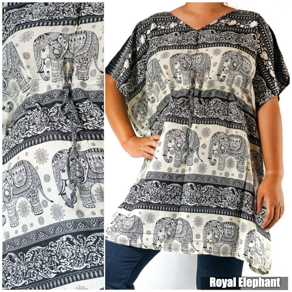 A vibrant Boho Elephant Kaftan Shirt Short Dress featuring an intricate elephant print, made from breathable rayon fabric, perfect for casual wear.