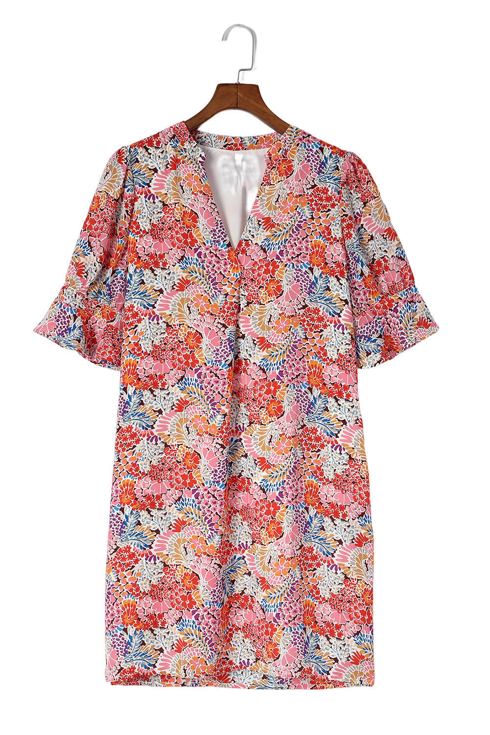 A beautiful Boho Floral Flutter Sleeve Dress featuring a V-neck, short flutter sleeves, and elegant floral patterns, perfect for summer outings.