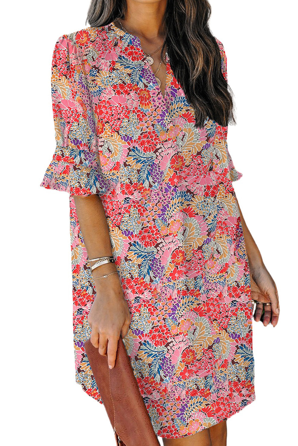 A beautiful Boho Floral Flutter Sleeve Dress featuring a V-neck, short flutter sleeves, and elegant floral patterns, perfect for summer outings.