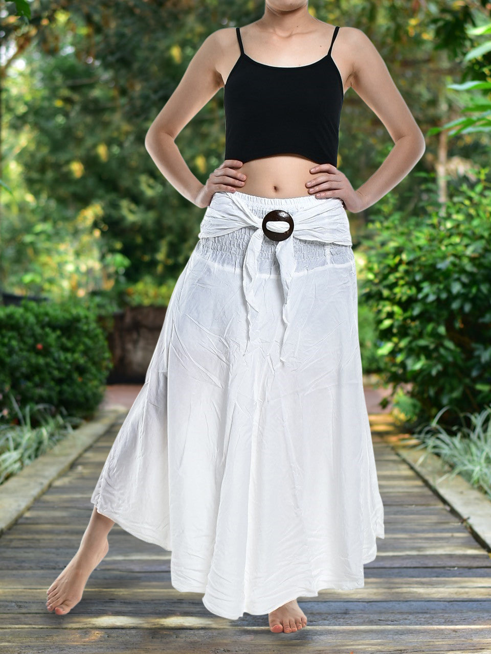 Bohotusk Plain White Beach Dress displayed on a mannequin, featuring a coconut buckle and elasticated smocked waist, perfect for summer wear.