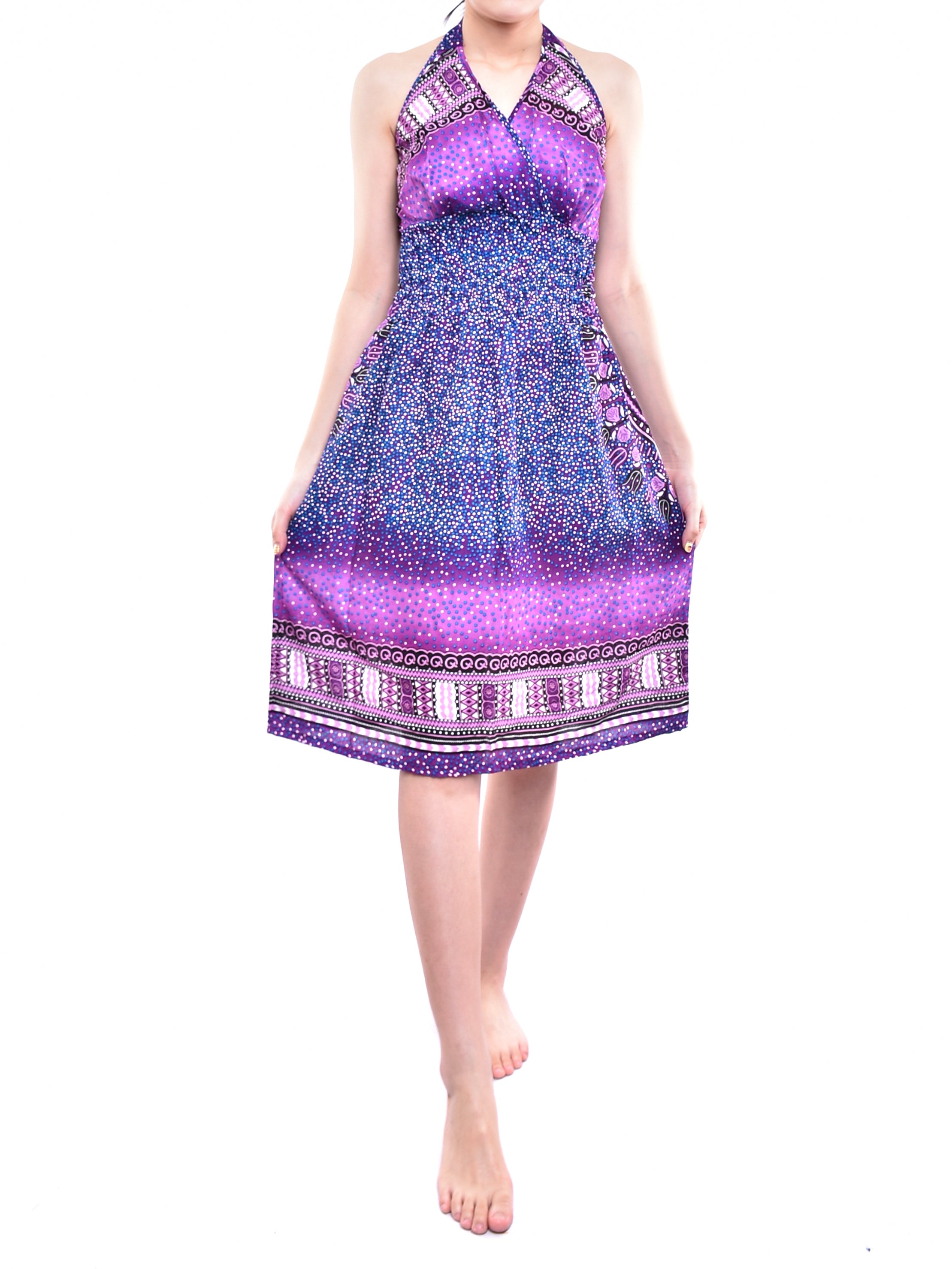 Bohotusk Purple Night Sky Tie Neck Knee Length Dress featuring a stylish tie neck and elasticated smocked chest, perfect for summer wear.