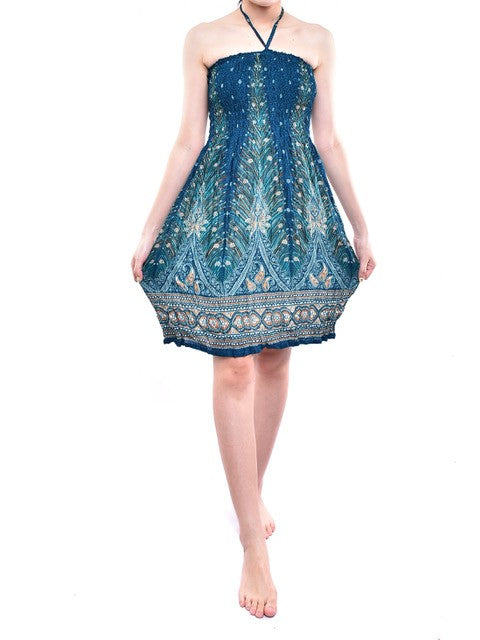 Bohotusk Teal Green Peacock Print Short Mini Tube Dress featuring a tie neck and smocked chest, perfect for summer wear.