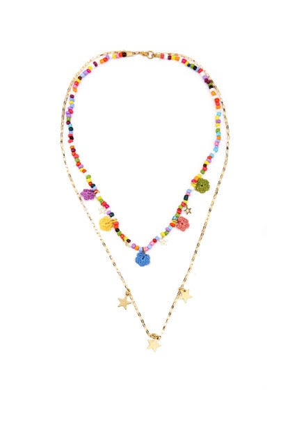 Colorful Bonbon Long Necklace featuring tiny rainbow beads, daisy embroideries, and gold-tone stars, elegantly displayed.