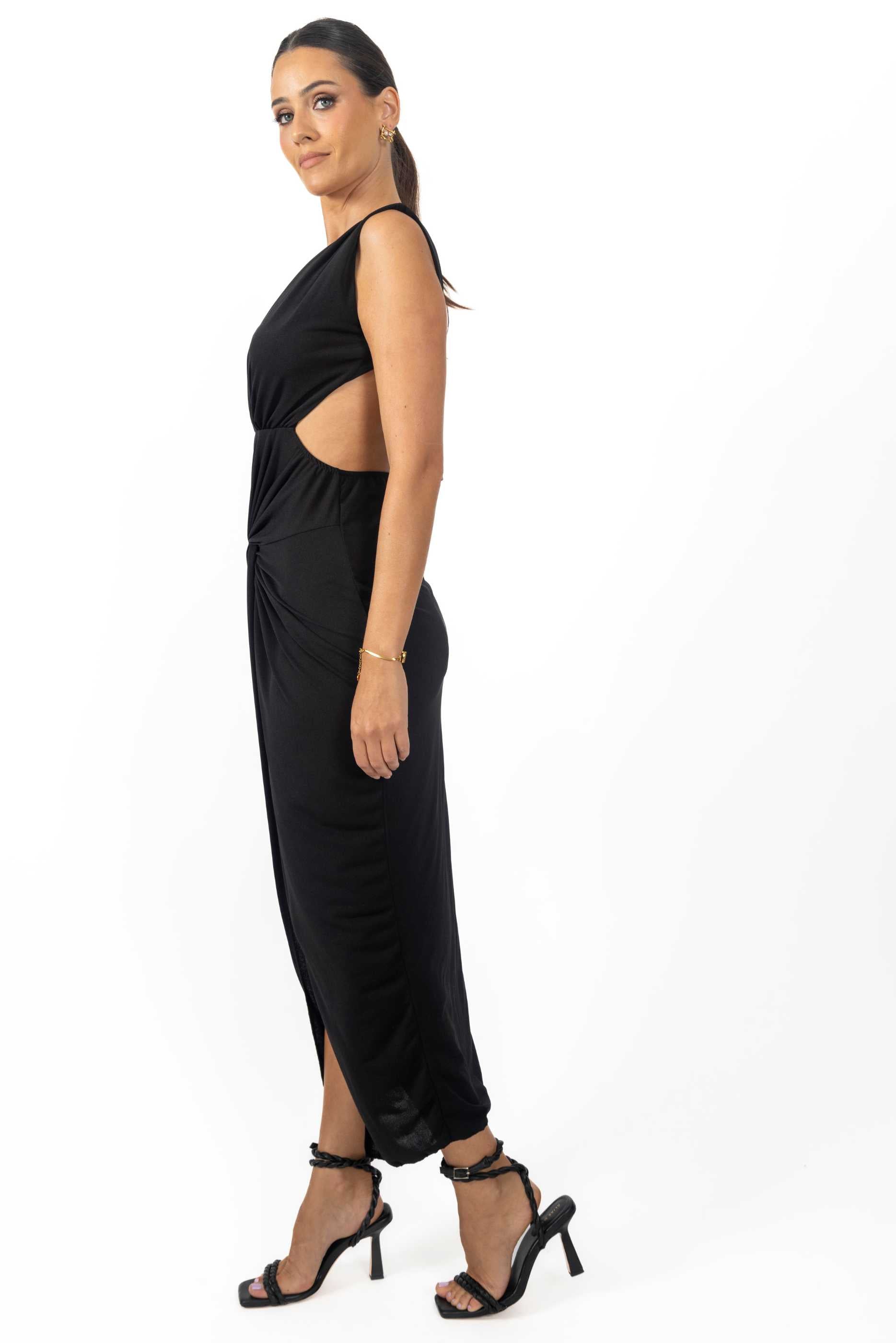 Bonnie Women's Backless Dress in Black, featuring a flattering v-neck neckline and elegant cutouts, perfect for any occasion.