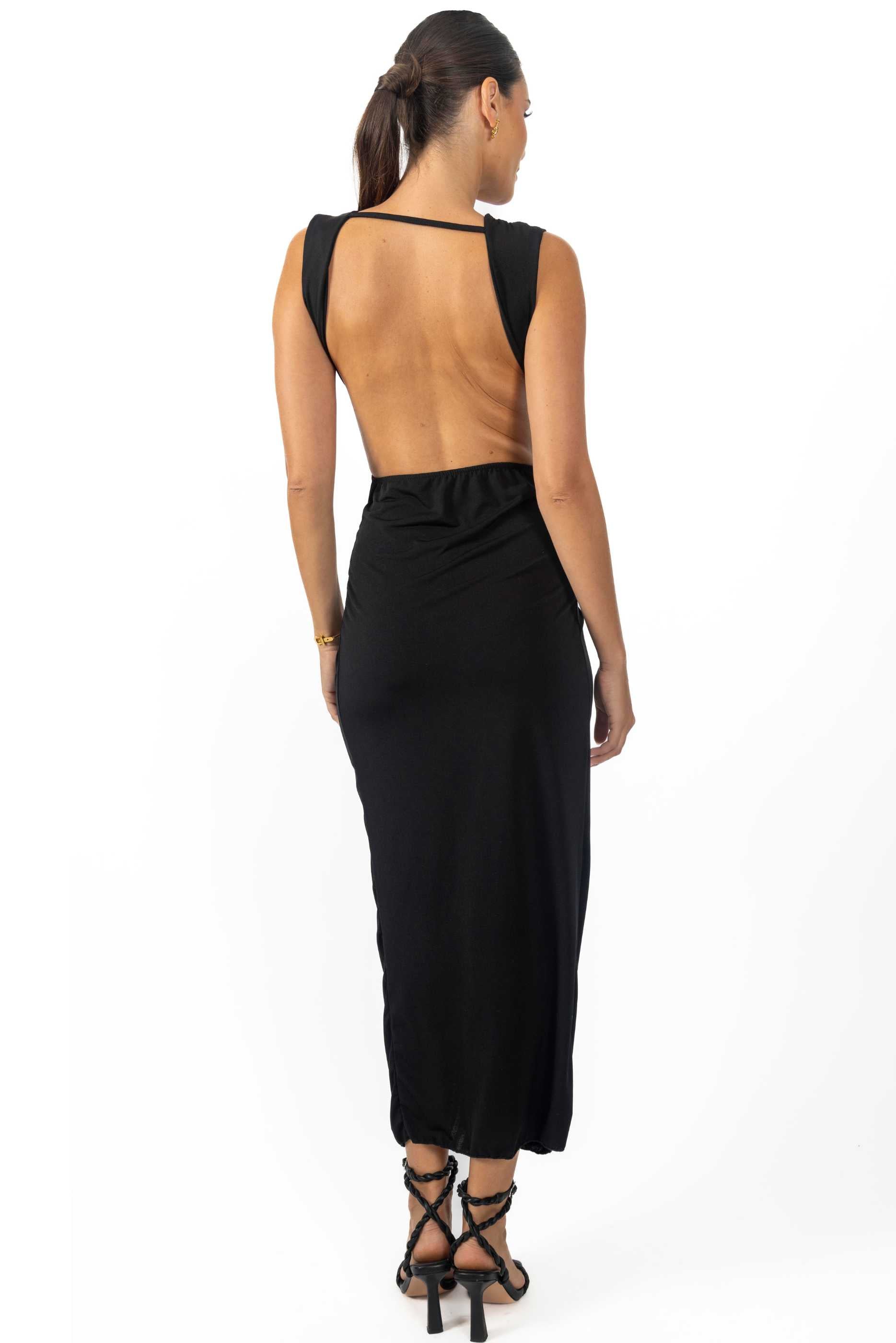 Bonnie Women's Backless Dress in Black, featuring a flattering v-neck neckline and elegant cutouts, perfect for any occasion.