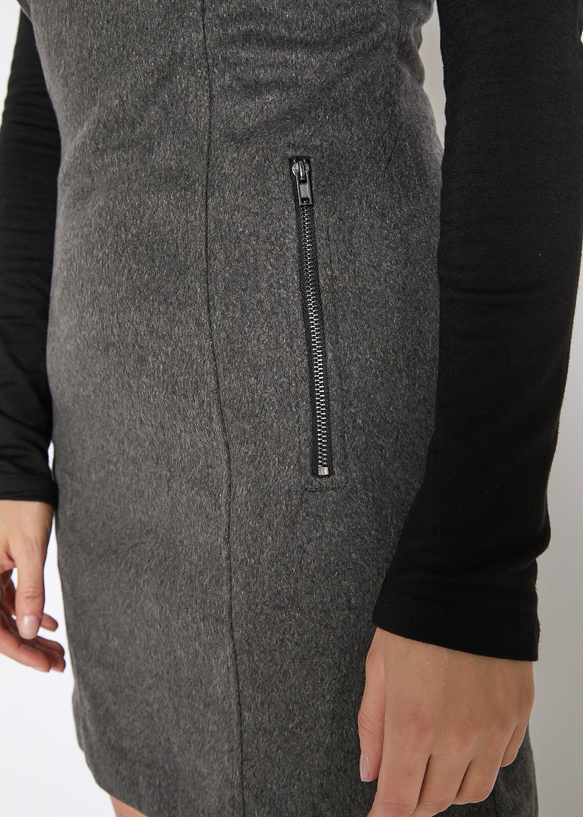 A stylish women's charcoal brushed wool tank mini dress featuring a v-neck design and zip-up back closure.