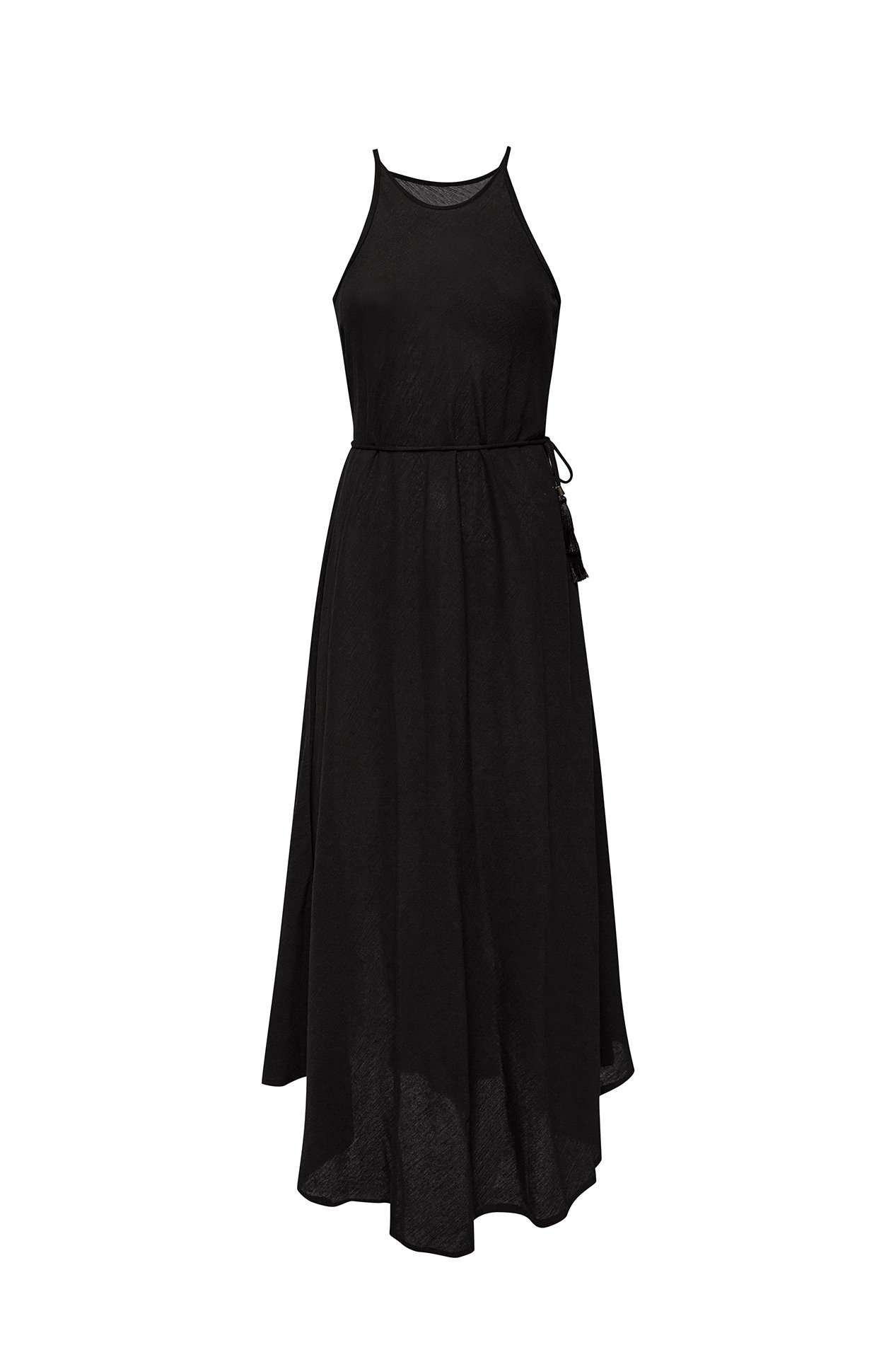 Callie Maxi Dress in black featuring narrow straps and tassel waist ties, perfect for summer outings.