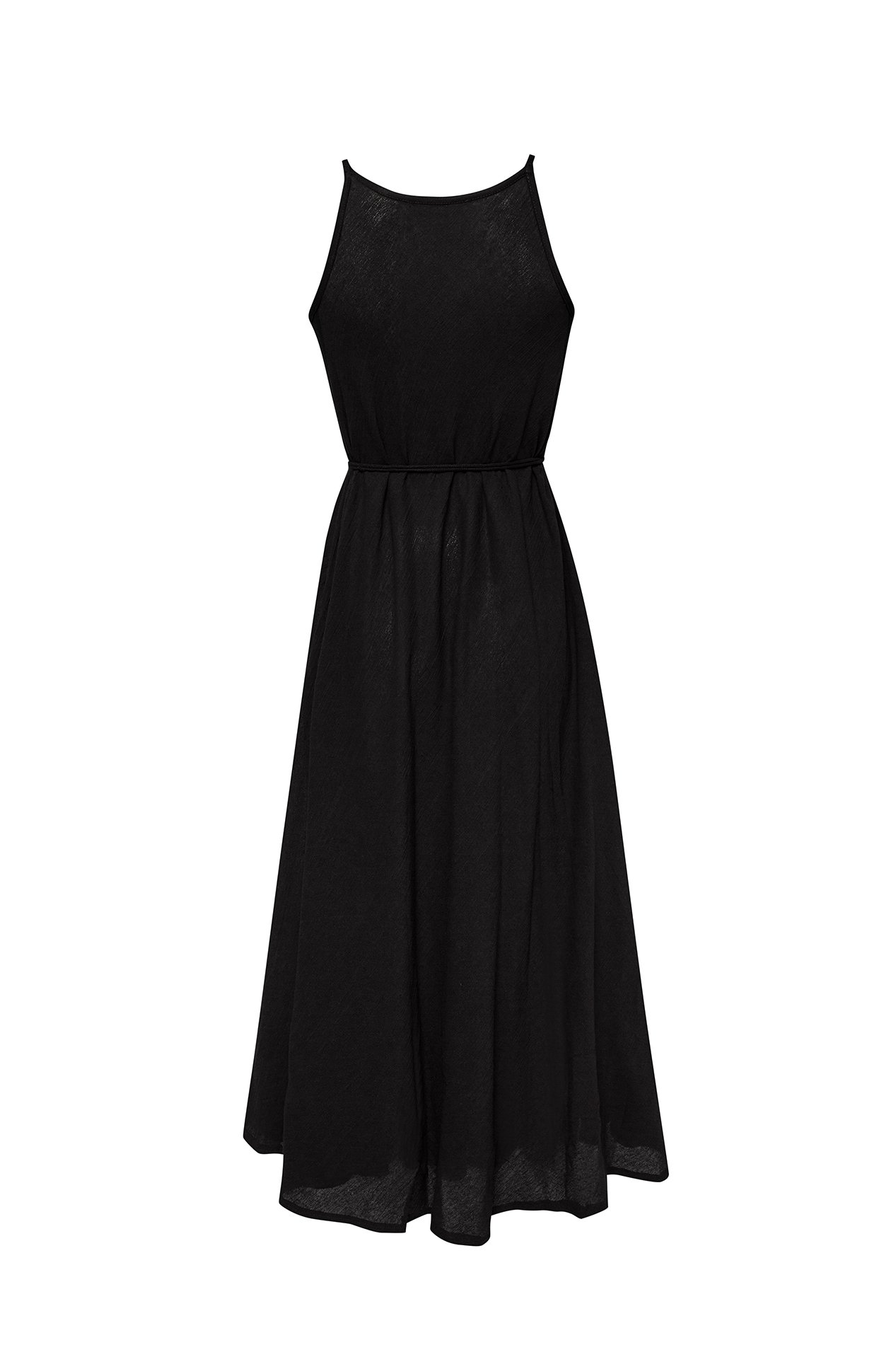 Callie Maxi Dress in black featuring narrow straps and tassel waist ties, perfect for summer outings.