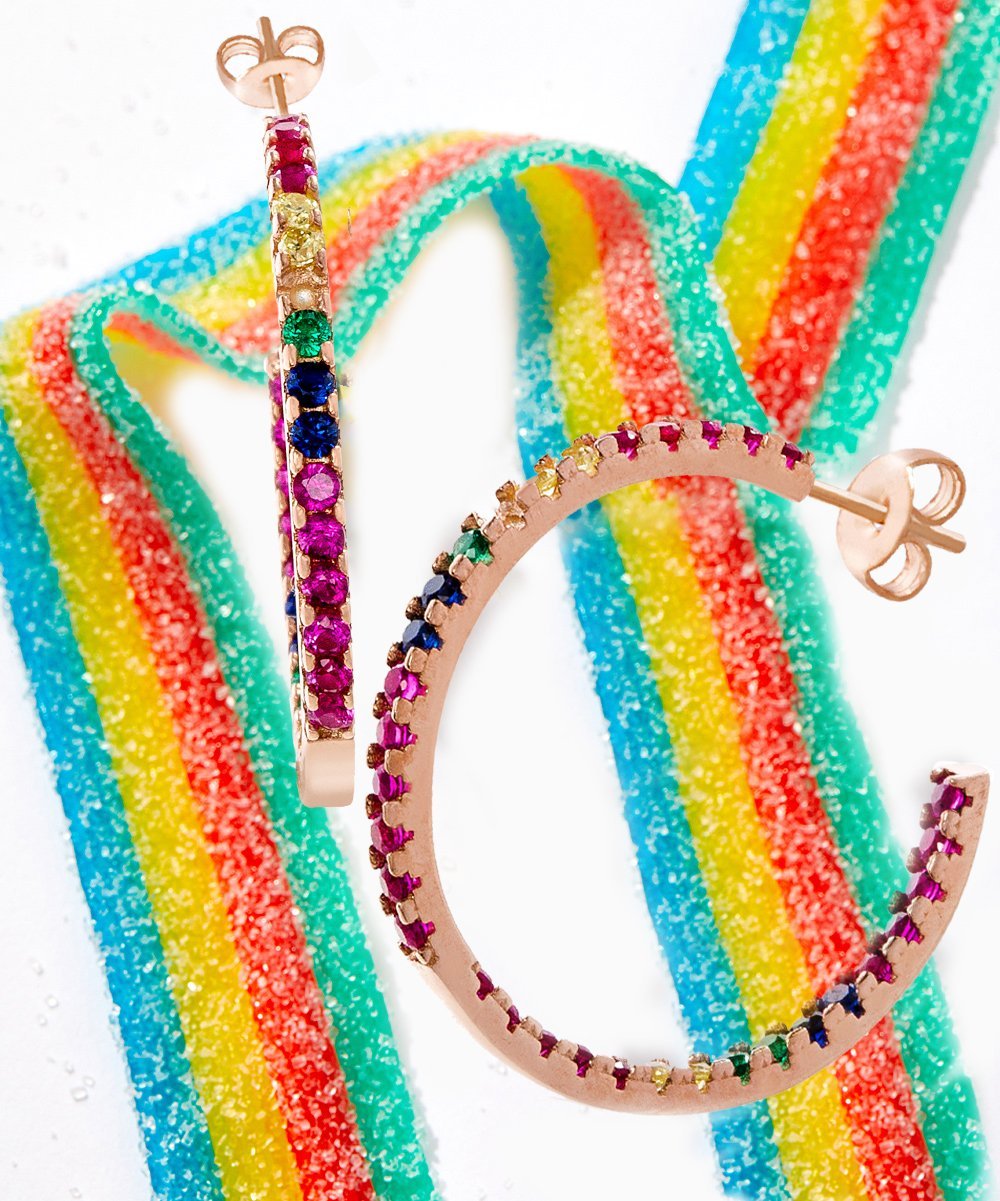 Candy Lover Rainbow Pave Swarovski Hoop Earrings in gold, rose gold, and white gold with colorful Swarovski stones.