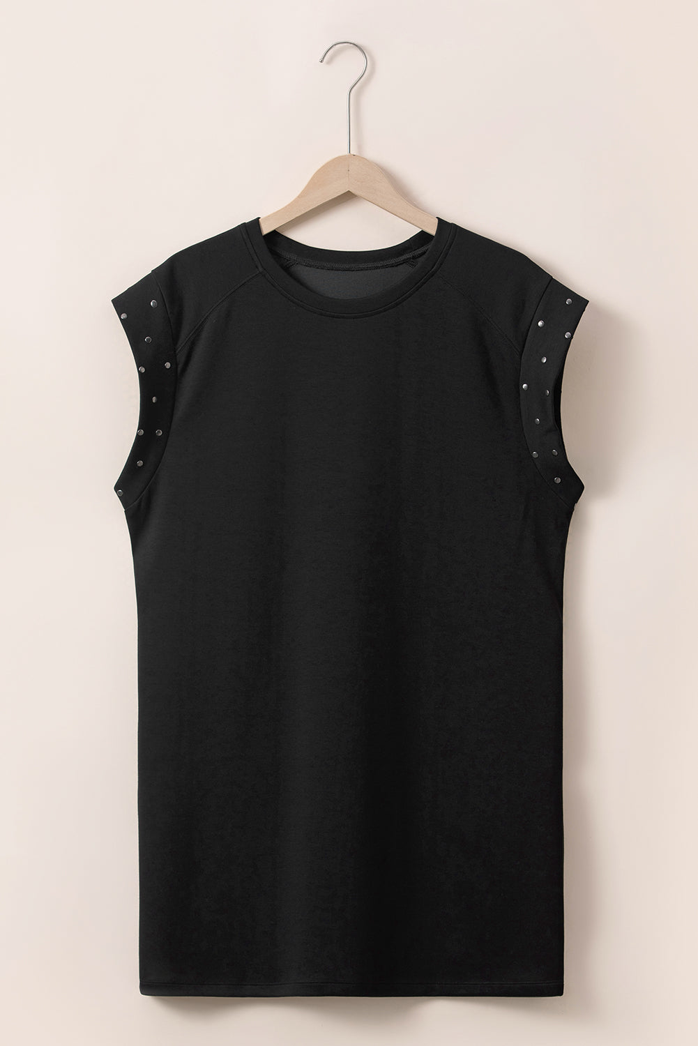 Cap Sleeve Plus Size T-shirt Dress featuring studded sleeves and side pockets, designed for comfort and style.