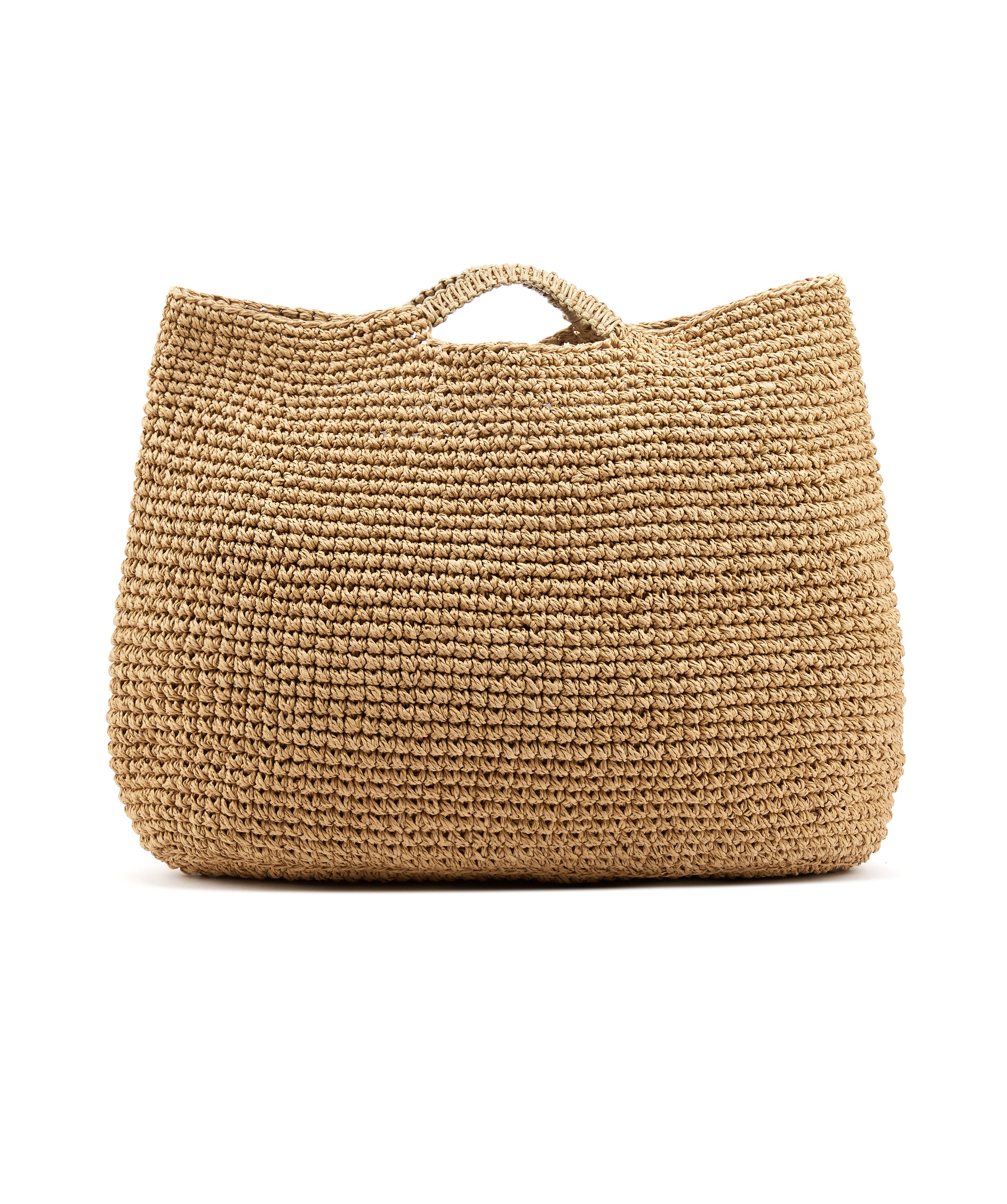 Capri Tote Bag handwoven from paper rope with beige leather trim, spacious and stylish for errands or beach outings.