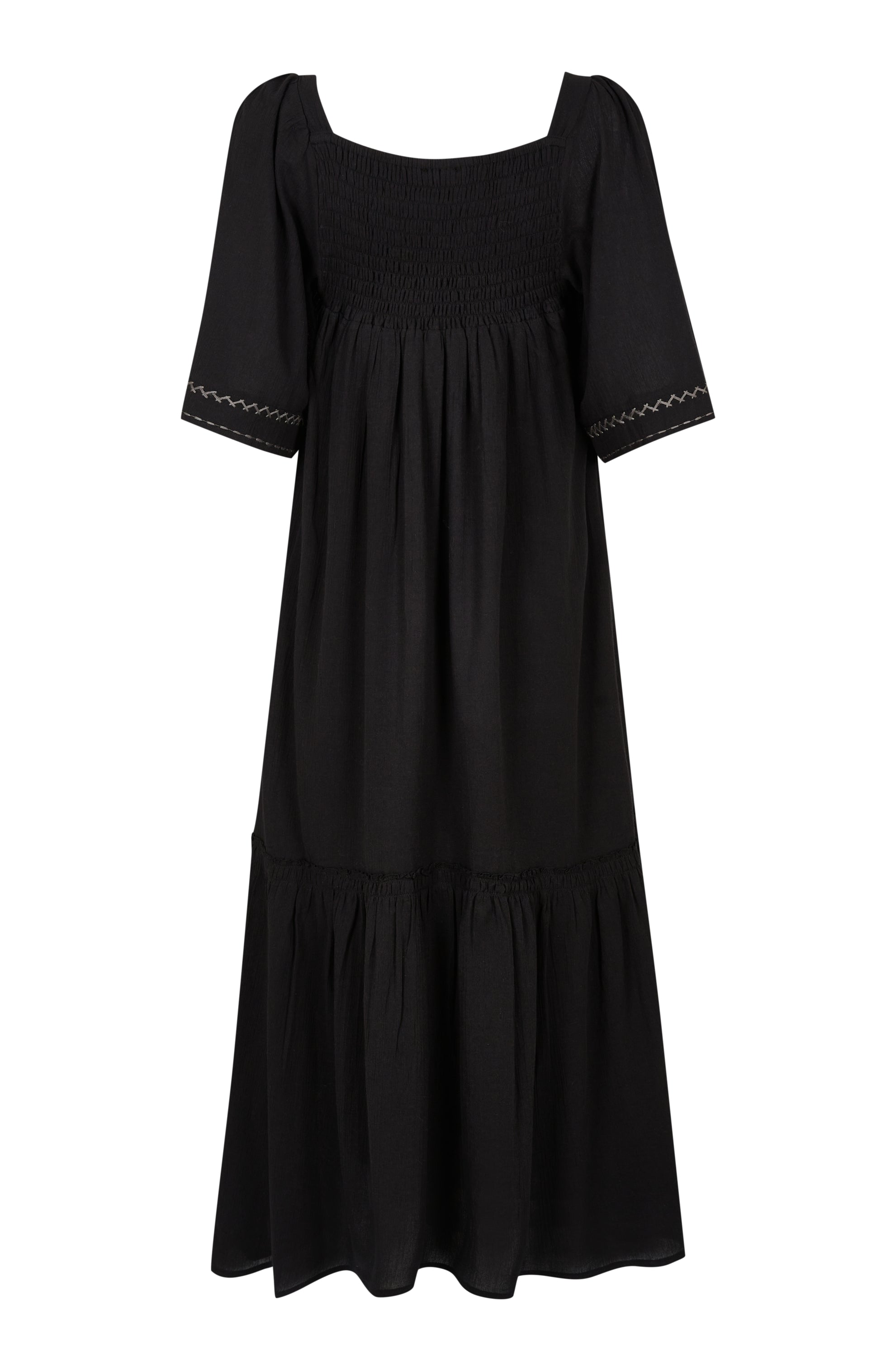 CASSIE MAXI DRESS in black featuring geometric embroidery and flexible shirring, perfect for summer outings.