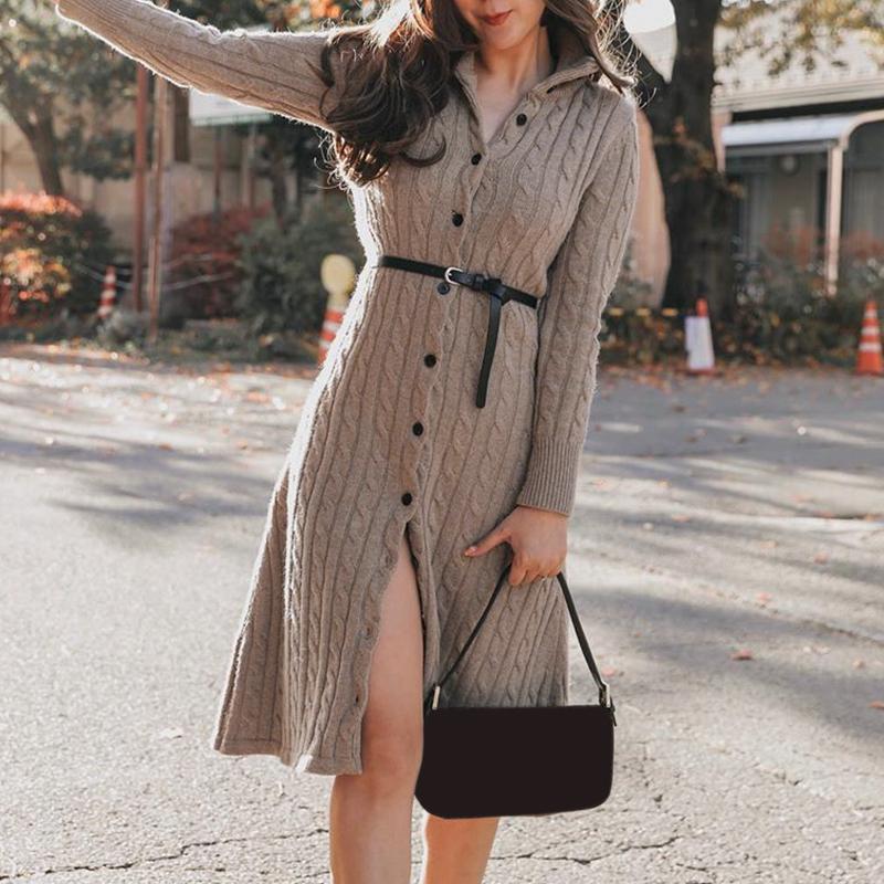 A stylish casual stand collar knitted dress for women, featuring full sleeves and a knee-length design, perfect for autumn and winter wear.