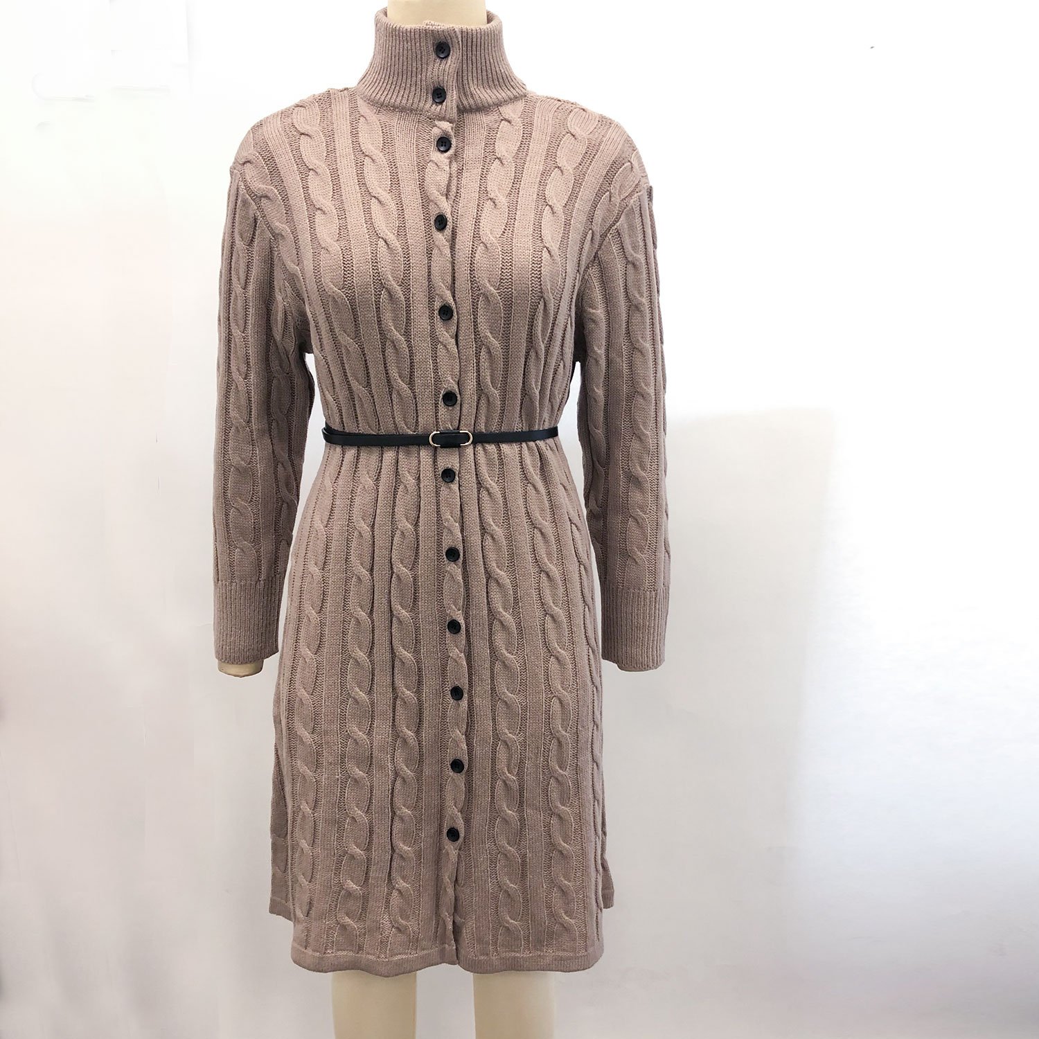 A stylish casual stand collar knitted dress for women, featuring full sleeves and a knee-length design, perfect for autumn and winter wear.