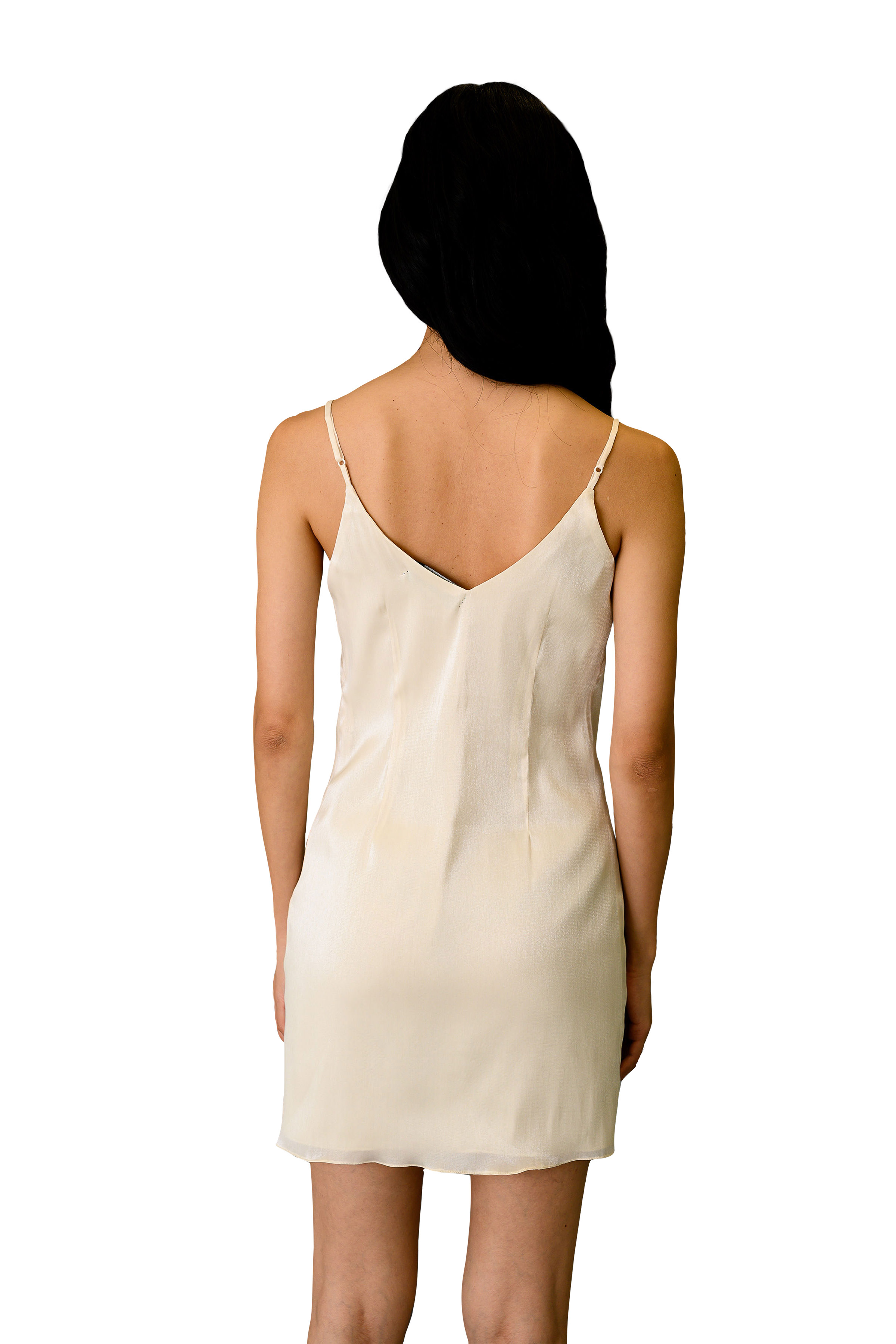 A stylish champagne formal camisole dress featuring adjustable spaghetti straps and a V-neck design, perfect for evening events.