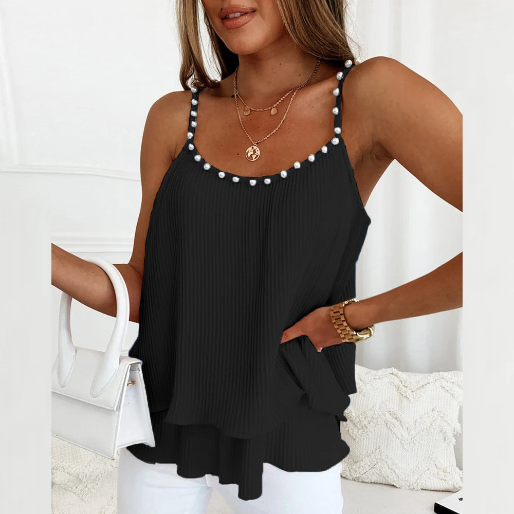 Chiffon Tank Camisole for Women with Pearl Accents and Strappy Sleeveless Design in V-neck Style.