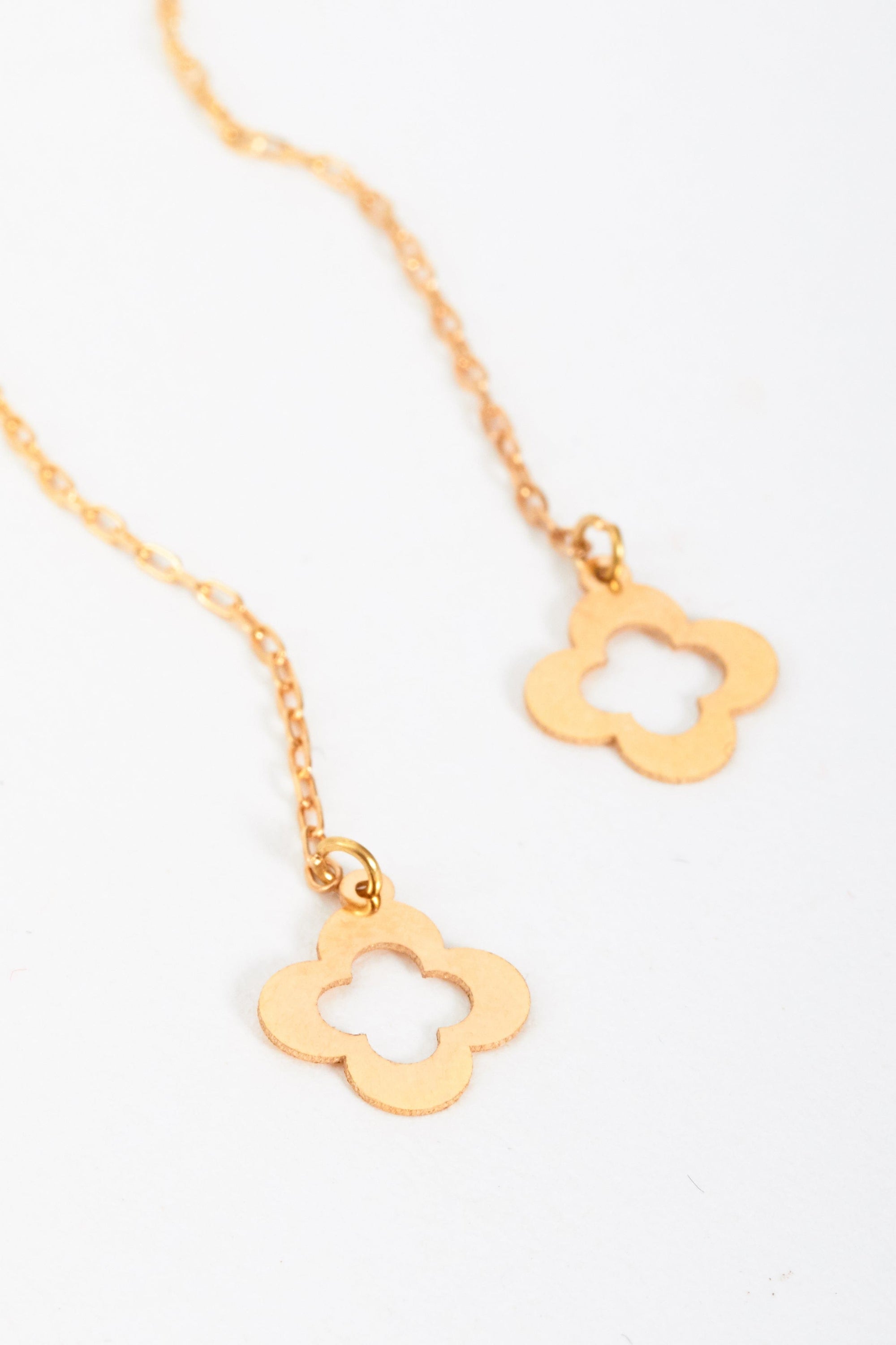 Elegant 18K gold Clover Drop Earrings with a threader design, showcasing a minimalist clover shape.