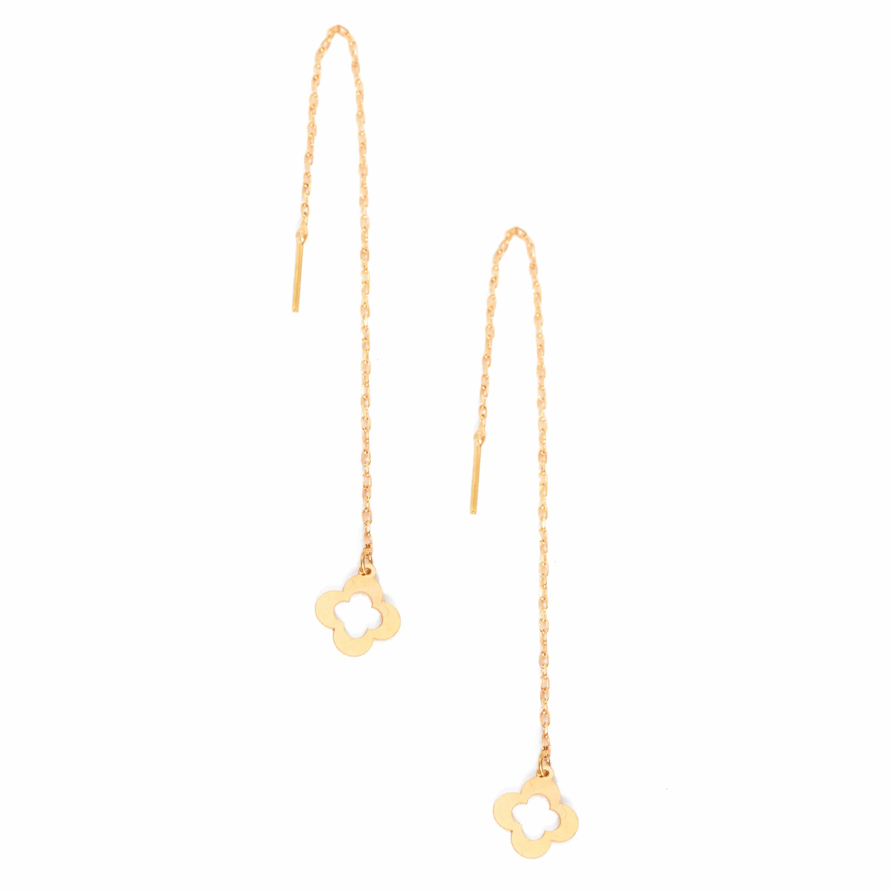 Elegant 18K gold Clover Drop Earrings with a threader design, showcasing a minimalist clover shape.