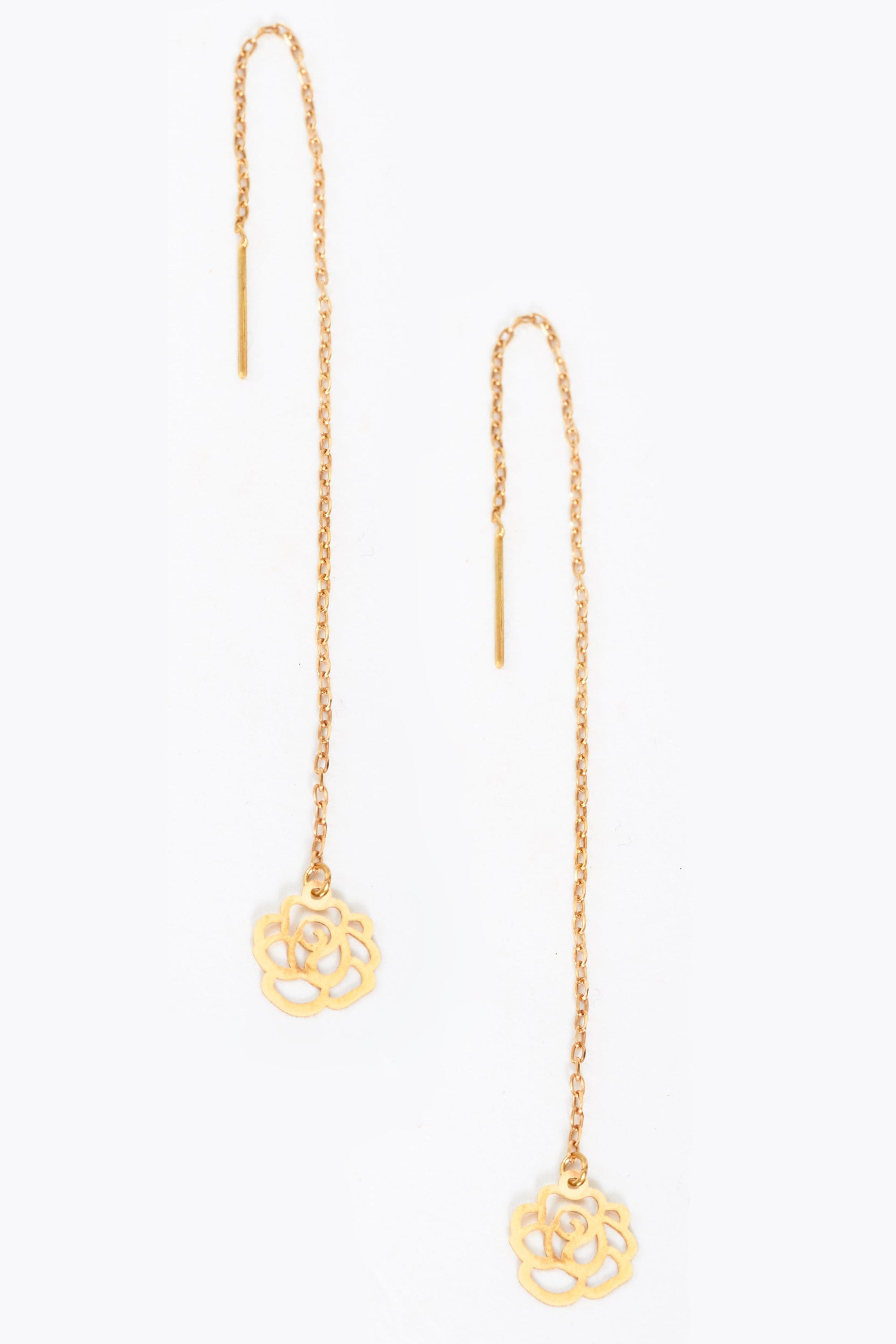 Elegant 18K gold Clover Drop Earrings with a threader design, showcasing a minimalist clover shape.