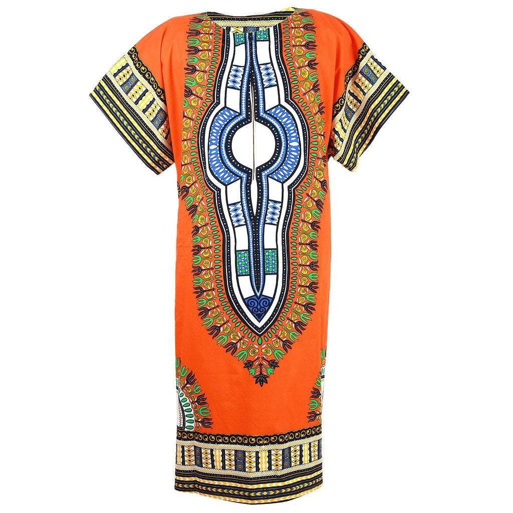 A vibrant orange Dashiki Maxi African Dress featuring traditional prints, showcasing its comfortable and stylish design.