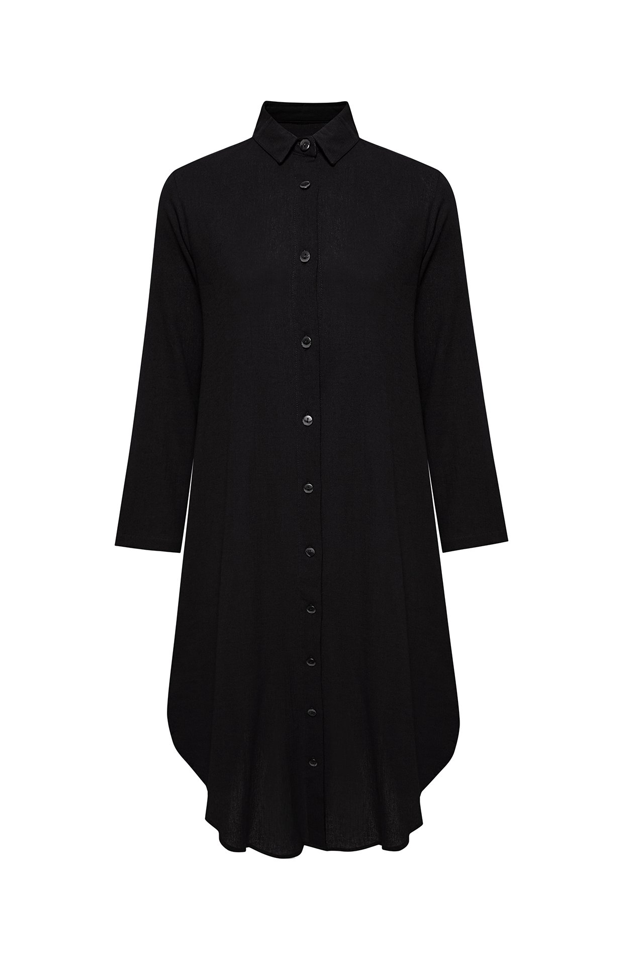 A stylish black Della shirt dress made of lightweight cotton-voile, featuring adjustable buttons and a loose fit, perfect for any occasion.