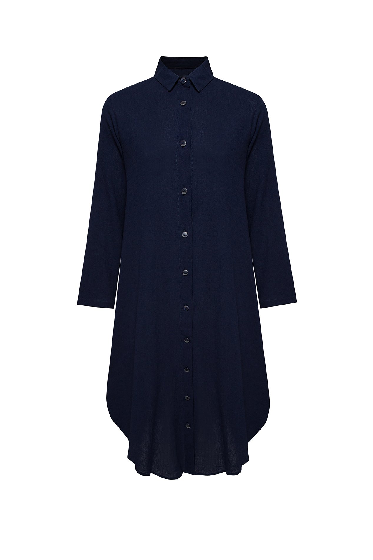 Navy Della Shirt Dress made of lightweight cotton-voile, featuring adjustable buttons and a loose fit.