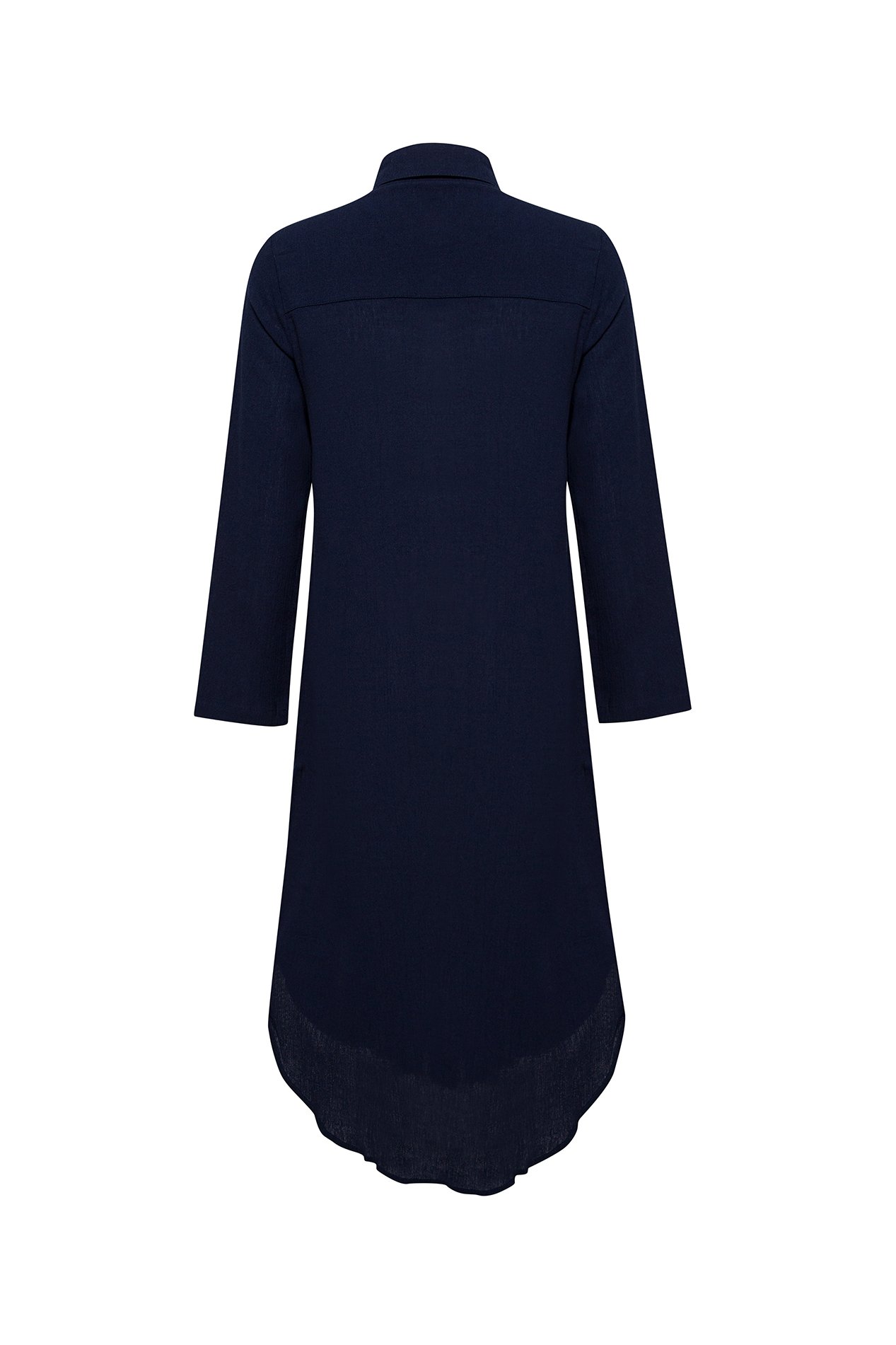 Navy Della Shirt Dress made of lightweight cotton-voile, featuring adjustable buttons and a loose fit.