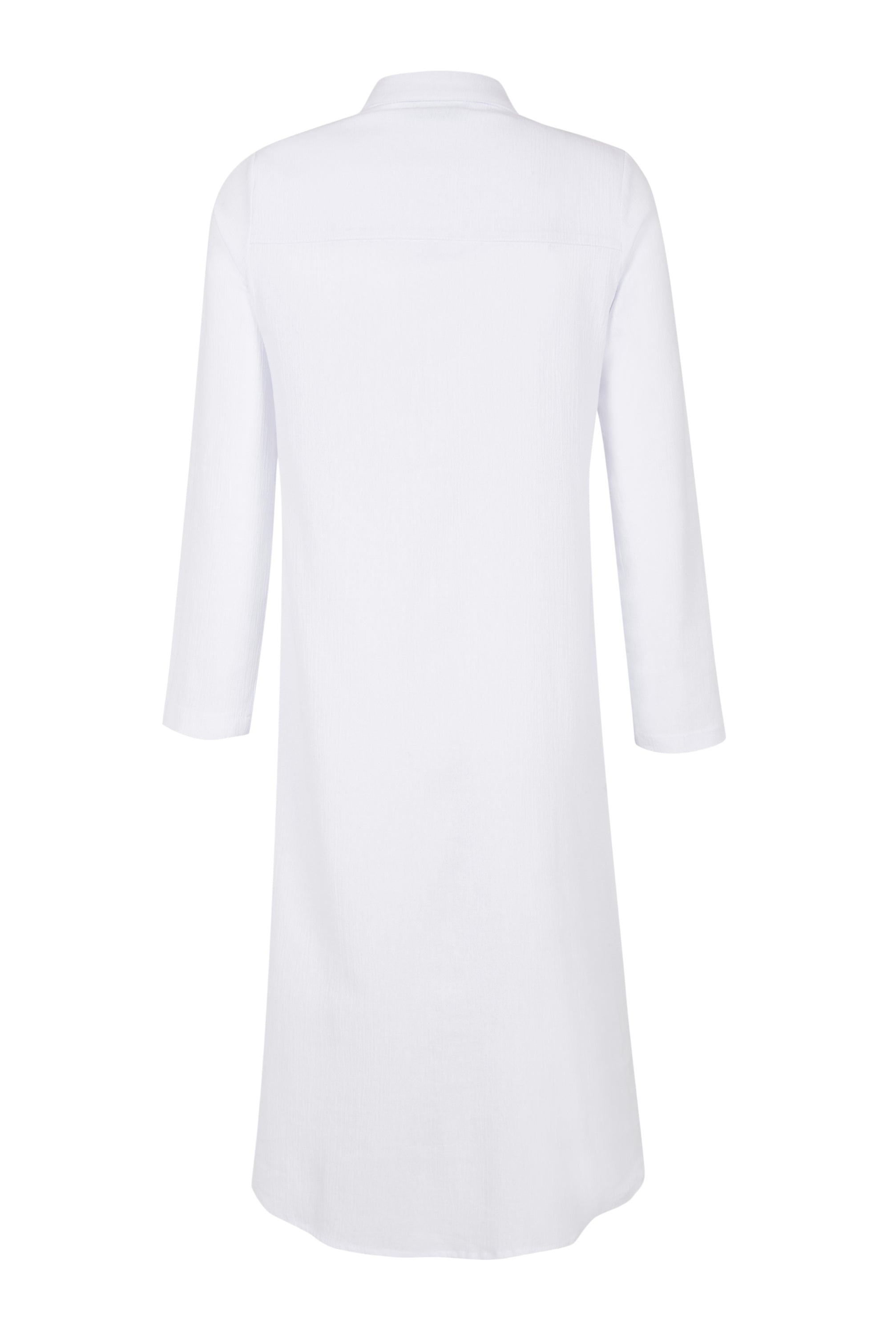 A stylish white Della shirt dress made from lightweight cotton-voile, featuring lustrous buttons and a loose fit, perfect for warm weather.