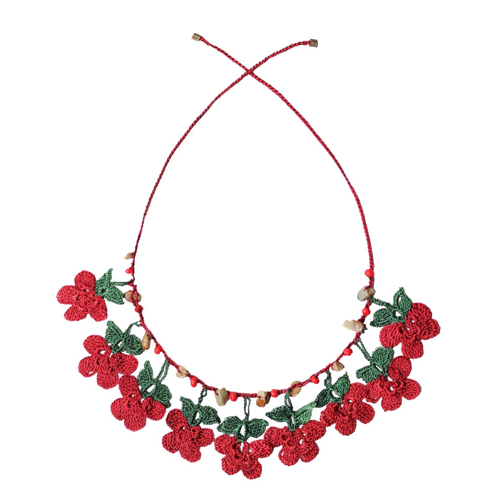 EGGUE Beaded Necklace featuring red floral embroidery and natural stones, elegantly displayed in a drawstring pouch.