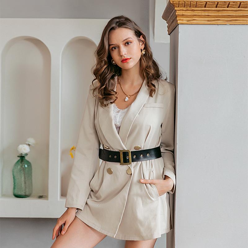 Elegant Button Blazer Dress for women in solid color, featuring a notched neckline and button decoration, perfect for autumn and winter wear.