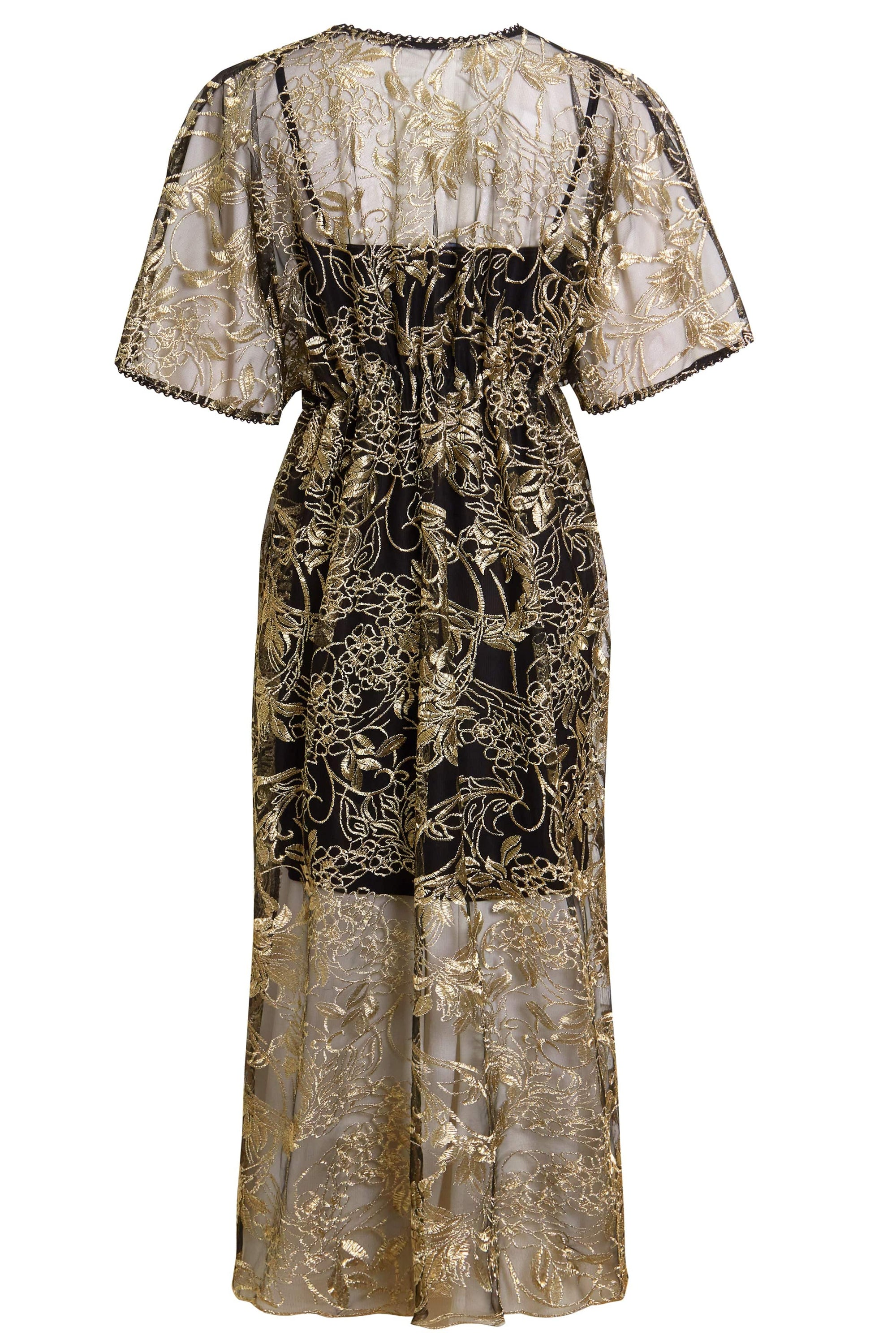 Elegant embroidered flutter sleeve dress with gold and black mesh overlay, featuring a fitted waist and detachable silk-blend slip.