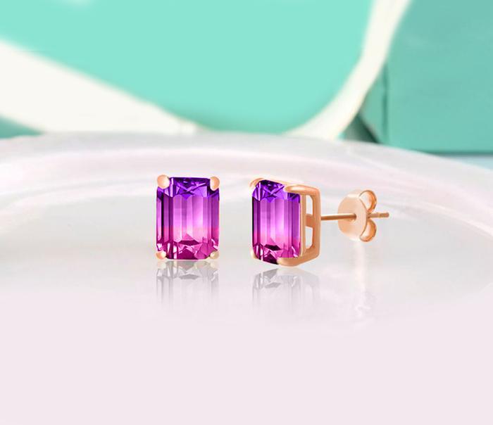 Elegant emerald cut pink amethyst stud earrings set in 18K rose gold, showcasing a luxurious design and hypoallergenic features.