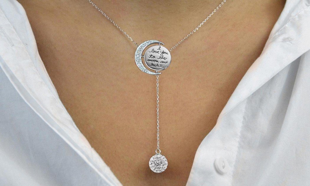 Engraved To The Moon And Back Y Necklace with Swarovski Elements, featuring a round pendant and white gold plating.