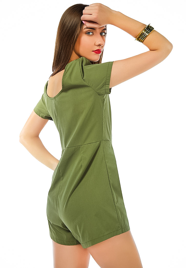 Fair Play Button-Up Romper in vibrant green with scoop neck and button-up design, perfect for summer wear.