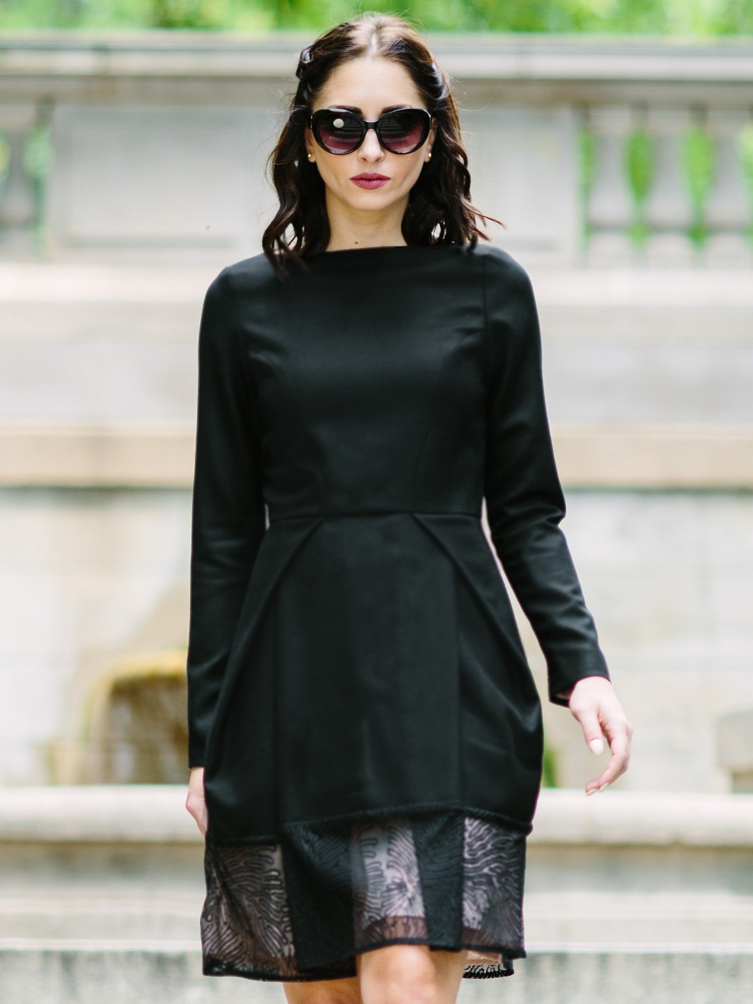 The First Lady Dress featuring a boat neck collar, long sleeves, and a tulip skirt with lace trim, elegantly displayed on a mannequin.