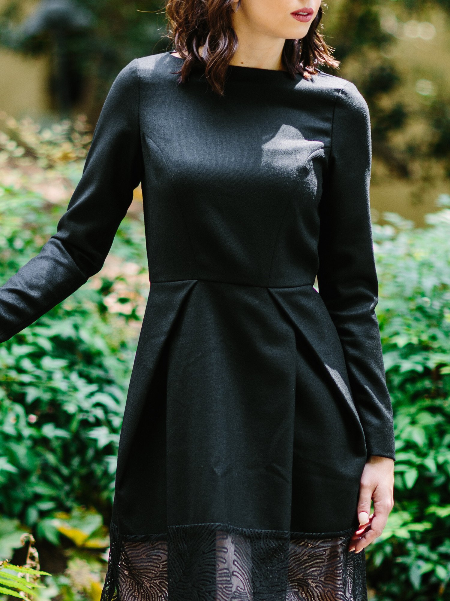 The First Lady Dress featuring a boat neck collar, long sleeves, and a tulip skirt with lace trim, elegantly displayed on a mannequin.