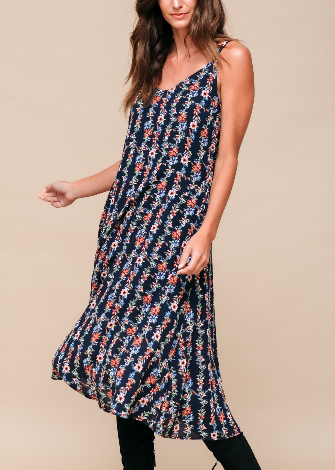 A beautiful Floral V-Neck Sleeveless Maxi Dress featuring a vibrant floral pattern, perfect for summer occasions.