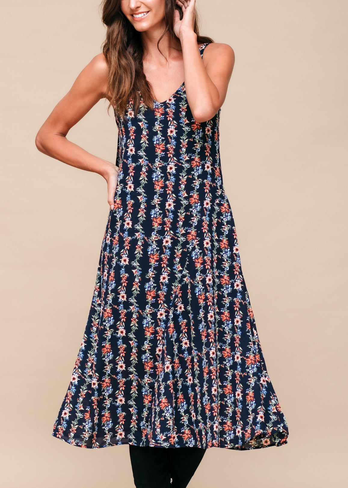 A beautiful Floral V-Neck Sleeveless Maxi Dress featuring a vibrant floral pattern, perfect for summer occasions.