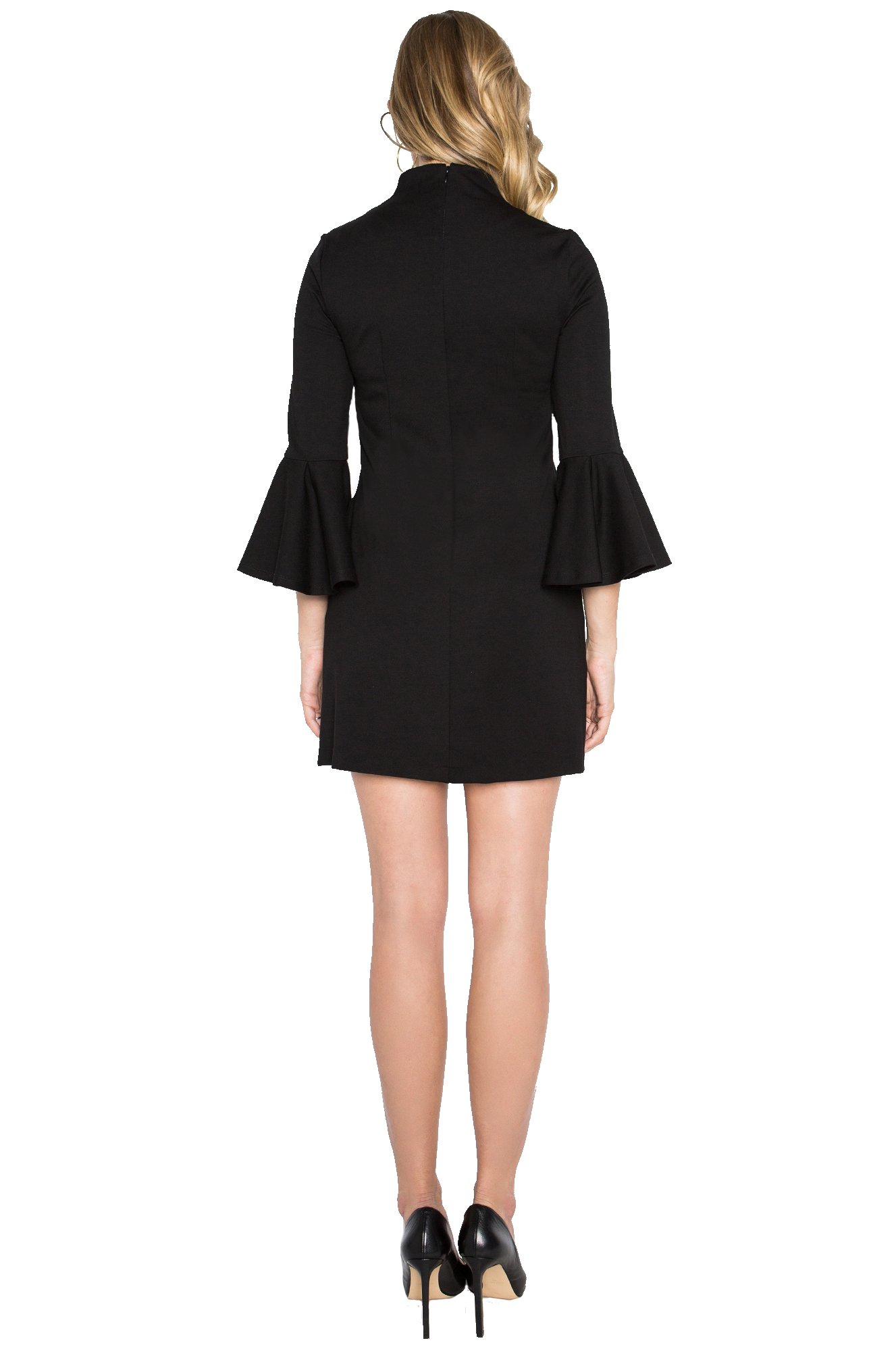 Gina Dress featuring bell sleeves and side pockets, elegant black color, A-line fit, and v-neck design.