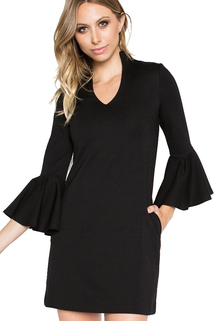 Gina Dress featuring bell sleeves and side pockets, elegant black color, A-line fit, and v-neck design.