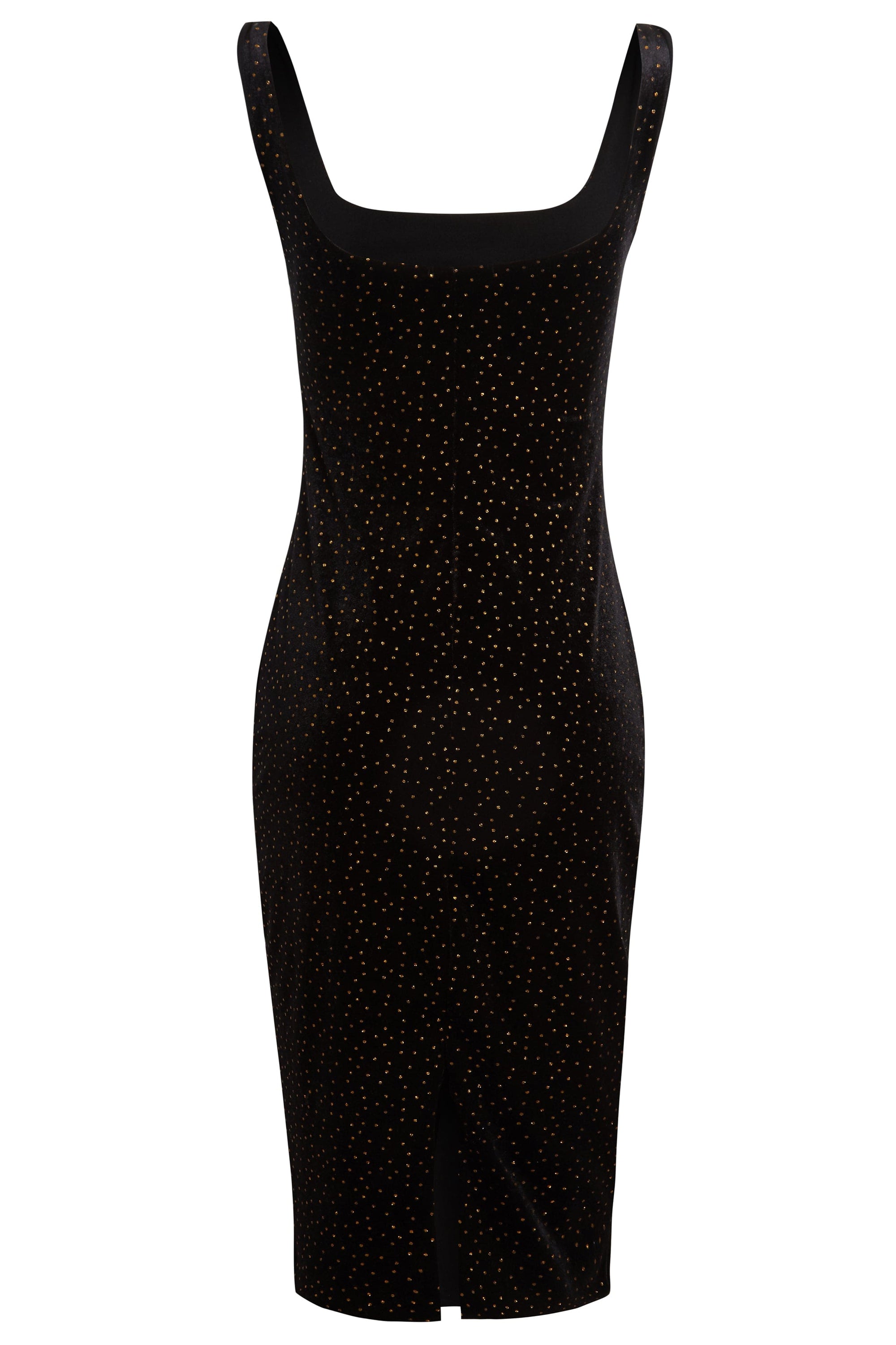 SIMA Gold Polka Dot Dress featuring a fitted silhouette, scooping neckline, and shimmering black velvet fabric with gold polka dots.