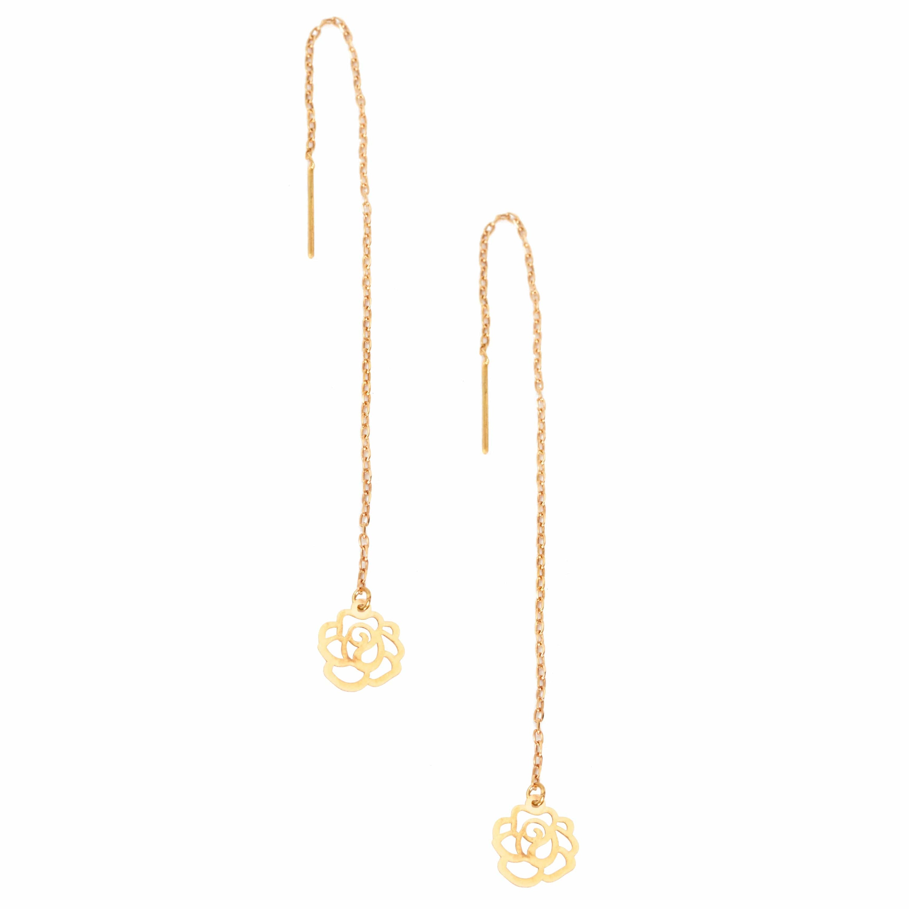 Elegant gold thread through earrings with flower design, handcrafted in 18K gold, showcasing intricate detailing.