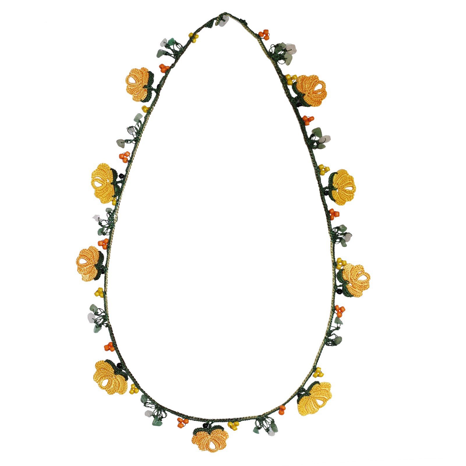 Grace Long Necklace featuring orange and yellow floral embroidery, handmade by female artisans in Turkey, with a secure stone fastening.