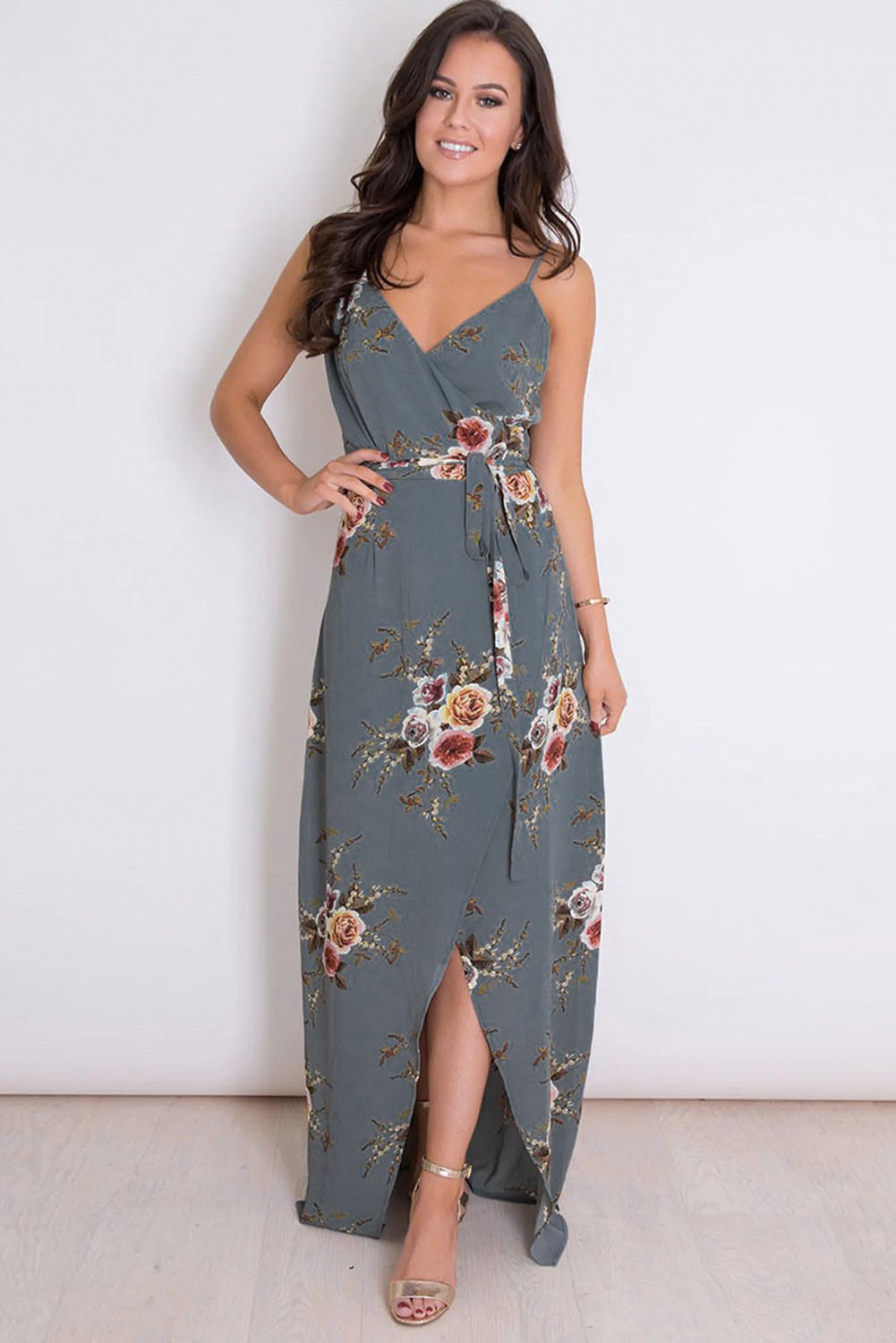 Gray Floral Spaghetti Strap Wrap Slit Maxi Dress featuring a deep V-neck and unique floral print, perfect for stylish occasions.