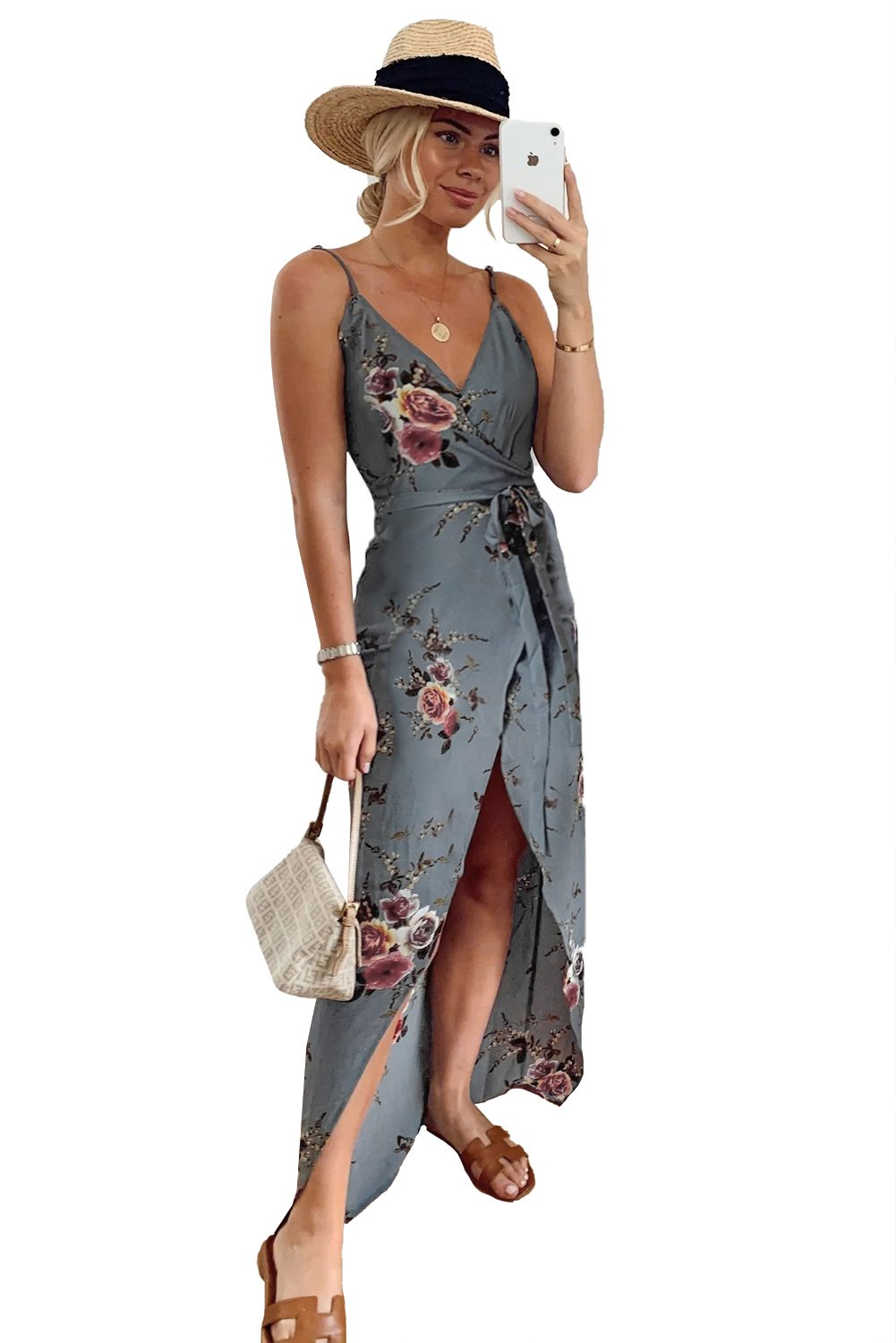 Gray Floral Spaghetti Strap Wrap Slit Maxi Dress featuring a deep V-neck and unique floral print, perfect for stylish occasions.