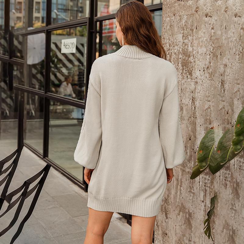 A stylish grey half turtleneck sweater dress for women, featuring full lantern sleeves and an above-knee length, perfect for winter wear.