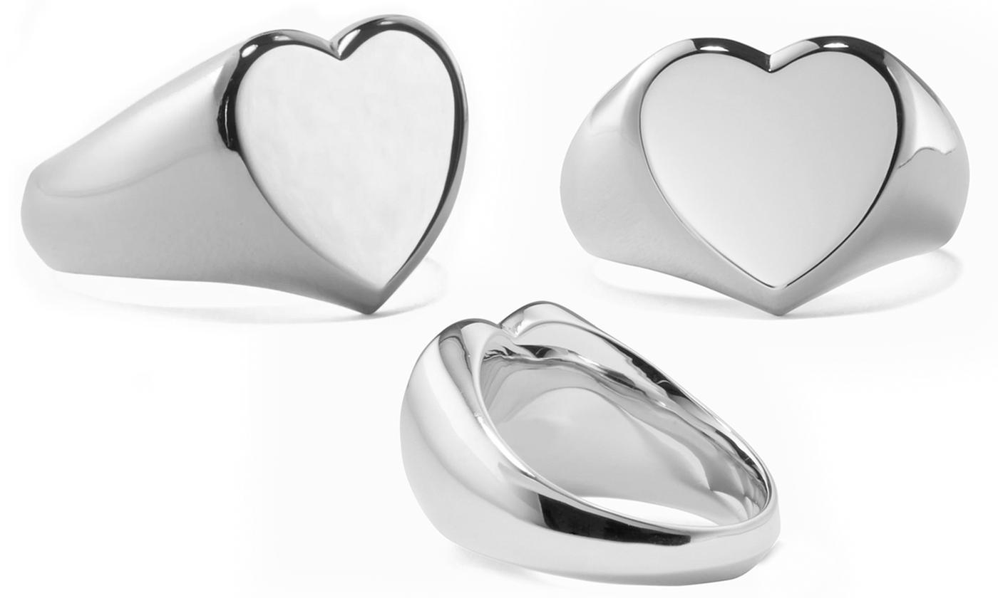 Elegant Heart Signet Ring crafted in 18K white gold plating, showcasing a unique heart design with a shiny finish.