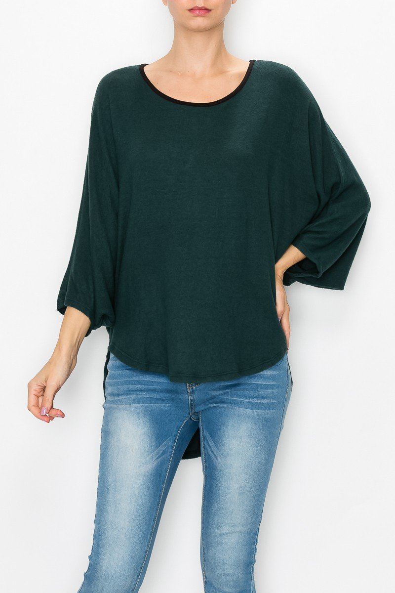 High and Low Round Neck Tunic Top in Green featuring kimono sleeves and a stylish high-low hem design.