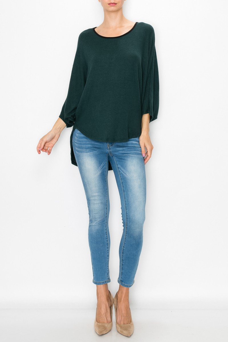 High and Low Round Neck Tunic Top in Green featuring kimono sleeves and a stylish high-low hem design.